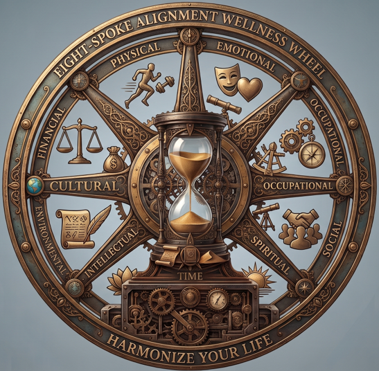 A wheel representing different aspects of well-being, with an hourglass at the center symbolizing time. Representing Pillar III: The Welnest of Infinity Phoenix Coaching & Consultation Life Architecture Blueprint.