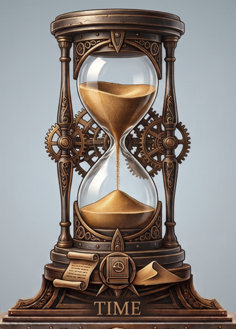 Ornate vintage-style hourglass clock with gold sand, decorative gears, papers, and a penny centered at the base, labeled 'TIME'. Representing Pillar II: Mastering Time of Infinity Phoenix Coaching & Consultation Life Architecture Blueprint.