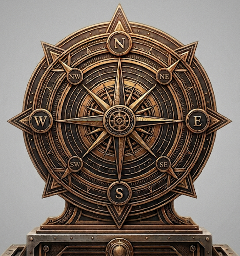 A bronze decorative compass clock with cardinal and intercardinal directions, mounted on a gray wall with a gray base. Representing Pillar I: Identity and Purpose of Infinity Phoenix Coaching & Consultation, Life Architecture Blueprint.