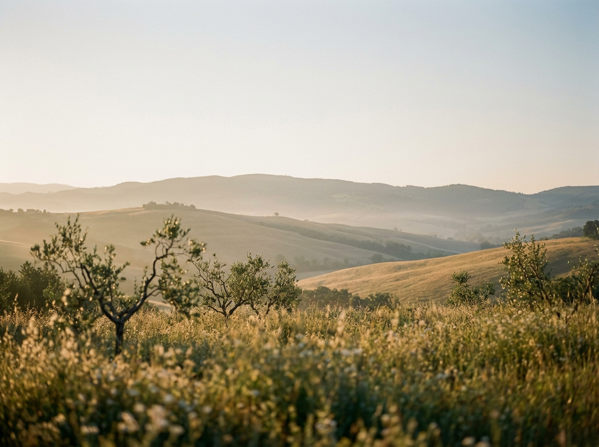 Colline umbre nella foschia dorata dell'alba
