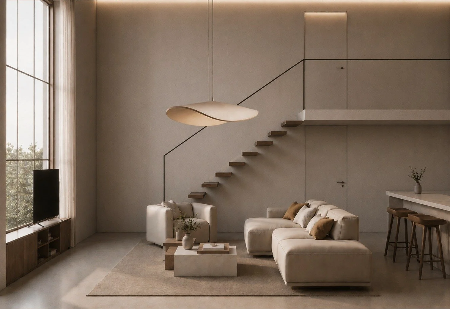 Interno minimalista con divano beige, tavolino, lampada sospesa, scale in legno e muro chiaro