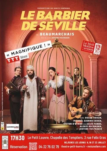 Affiche de la pièce de théâtre 'Le Barbier de Séville' avec des personnages en costume, une cage à oiseaux, et des détails sur la représentation, la date, l'heure, et le lieu.