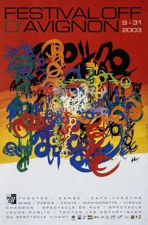 Affiche du Festival d'Avignon 2003 avec un fond rouge et des graffitis colorés.