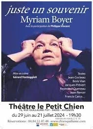 Affiche de spectacle de théâtre intitulée 'Juste un souvenir' de Myriam Boyer, programmé du 29 juin au 21 juillet 2024