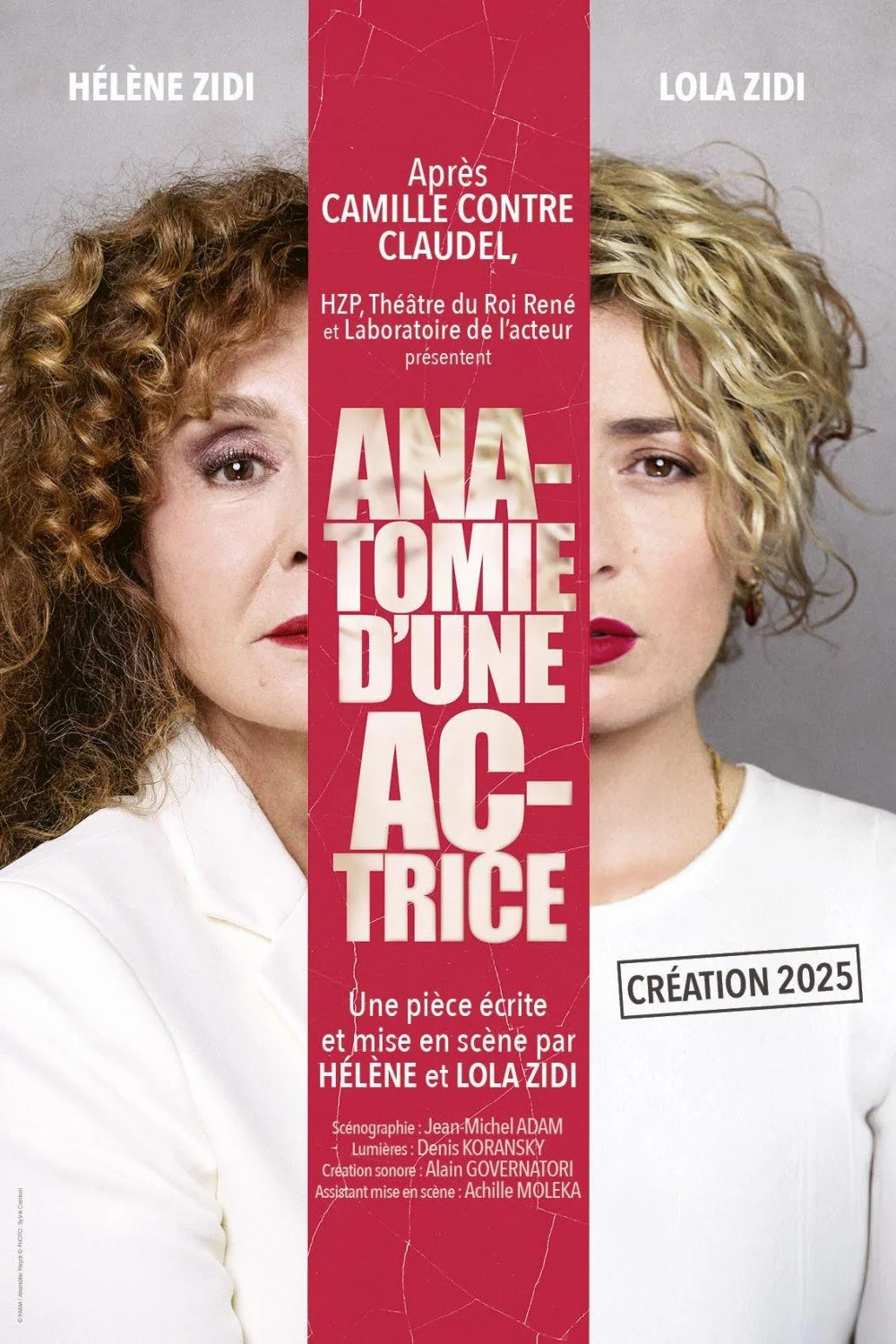 Affiche de la pièce de théâtre «Ana-tomie d'une actrice», mettant en avant deux femmes, Hélène Zidi et Lola Zidi, avec informations sur la création en 2025 et détails techniques.