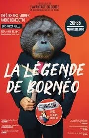 Affiche du film 'La Légende de Borneo' avec une mascotte de gorille en costume noir, fond rouge, date de sortie, et autres détails en français.