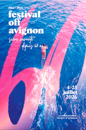 Affiche du Festival d'avis non, avec une personne sur une grande tour en vue aérienne.