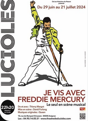 Poster de spectacle musical inspiré de Freddie Mercury, représentant une illustration d'un homme avec une veste jaune, pantalon blanc, portant un micro, en position charismatique.