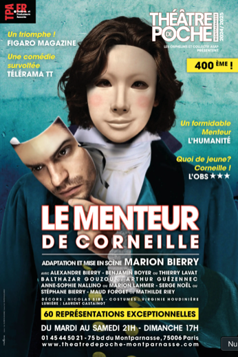 Couverture du magazine Théâtre de Poche avec un homme et une femme, texte en français sur le titre et les articles, fond vert avec motifs