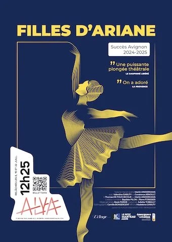 Affiche promotionnelle pour l'équipe féminine de danse d'Ariane, avec une illustration stylisée d'une danseuse en tutu, détails sur un match à 12h25, avec citations et logos d'organisations.