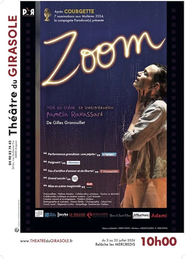 Affiche promotionnelle du spectacle de théâtre 'Zoom', mis en scène par Pamela Ravassard, au Théâtre du Girasole, du 3 au 25 juillet 2026 à 10h00.
