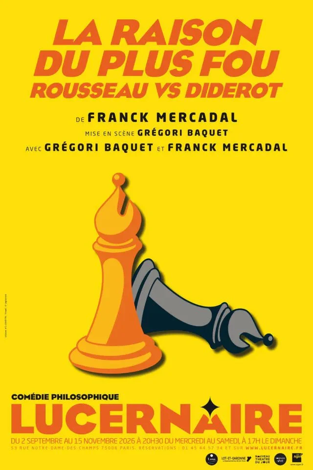 Affiche de la pièce de théâtre "Lucernaire" représentant une dame en robe de soirée et un roi en robe de couronne, avec des pièces d’échecs échouées.