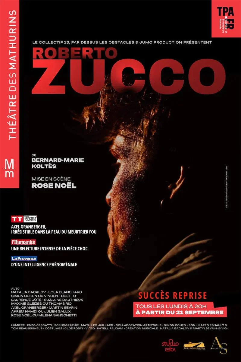 Affiche de spectacle pour une pièce de théâtre ou un concert avec une photo d'un homme vu de profil, avec un éclairage dramatique.