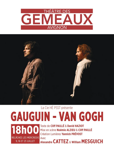Affiche de spectacle avec deux hommes en profil, face à face, pour une pièce de théâtre intitulée "Gauguin - Van Gogh", organisée par le Théâtre des Gémaux à Avignon.
