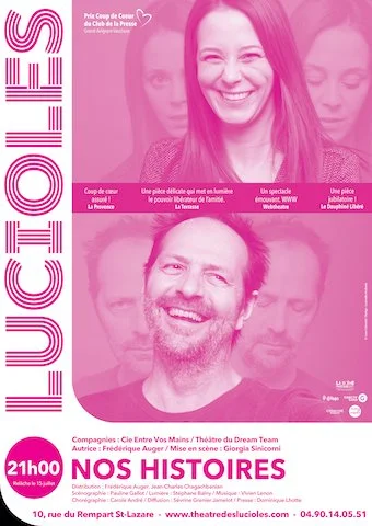 Une affiche promotionnelle de l'événement 'LUCIOLES' organisant une soirée à 21h00, avec des images de deux personnes, une femme souriante en haut, un homme souriant en bas, sur une couleur de fond rose.
