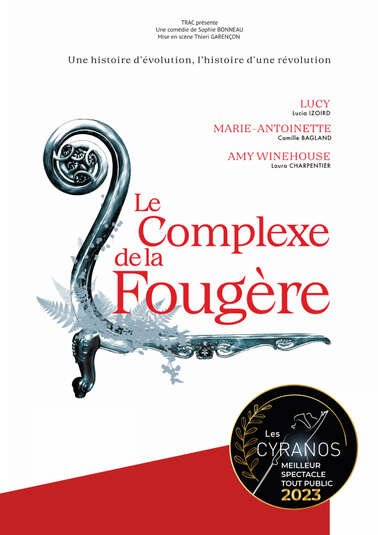 Affiche de spectacle pour "Le Complexe de la Fougère" avec un dessin stylisé de fougère intégrée dans un numéro impair, comprenant les noms des artistes et une mention de prix en bas à droite.