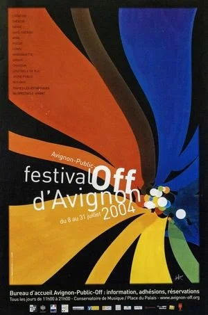 Affiche du festival d'Avignon 2004 avec des motifs colorés en orange, noir, bleu, jaune et vert.