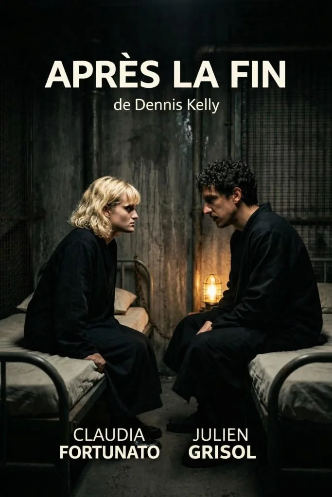 Affiche du film 'Après la Fin' de Dennis Kelly, montrant Claudia Fortunato et Julien Grisol assis face à face dans une pièce sombre, avec un tissu noir et un lampadaire en arrière-plan.
