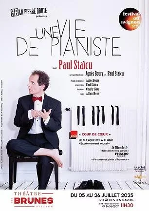 Une vie de pianiste succès du festival d'Avignon. Une pièce de théâtre incontournable qui mêle musique et récit plein d'émotions. Au théâtre des Brunes