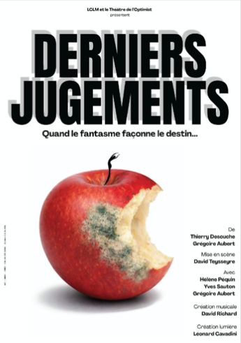 Poster avec un titre en lettres capitales « DERNIERS JUGEMENTS » et une image d'une pomme rouge partiellement mangée avec des taches vertes, accompagnée de texte descriptif en français.