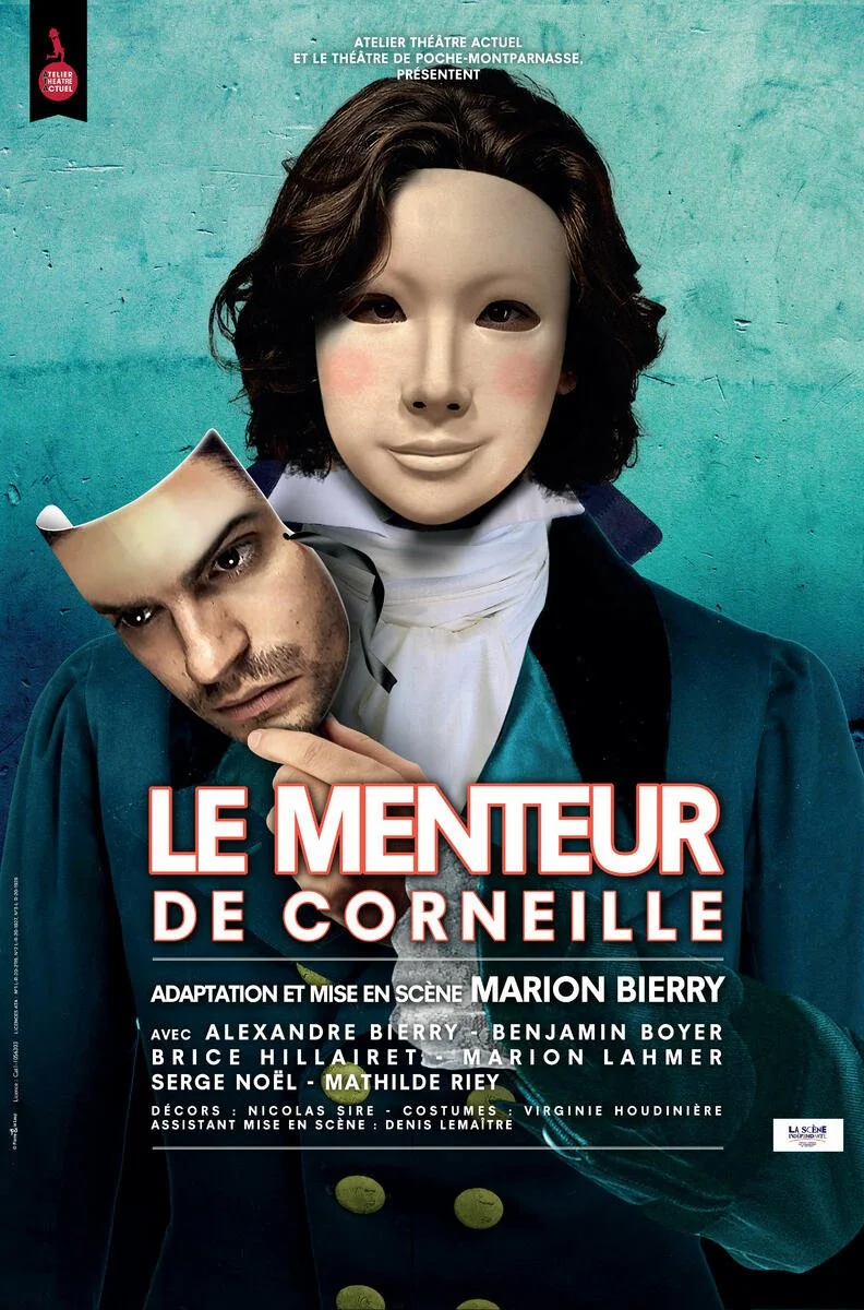Affiche de théâtre avec deux personnages, un homme et une femme, portant des masques. La femme porte un masque au visage d'une enfant et l'homme un masque au visage d'un adulte. Titre : "Le Menteur de Corneille".