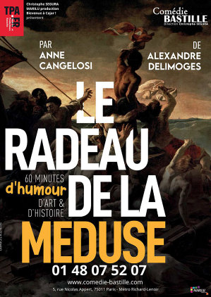 Affiche de la pièce de théâtre "Le Cadeau de la Méduse" avec des personnages mythologiques et des acteurs mentionnés, telle que Anne Cangelosi et Alexandre Delimoges.