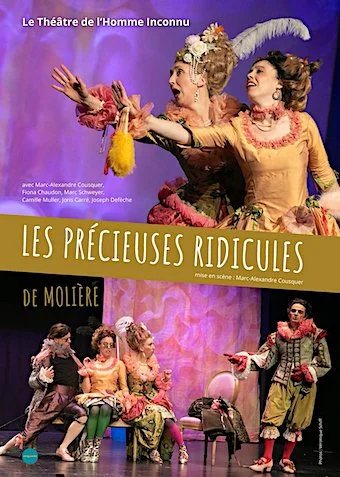 Poster du spectacle 'Les Précieuses Ridicules' de Molière, avec des acteurs en costume lumineux sur scène, jouée au Festival Off.