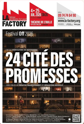 Affiche promotionnelle pour le festival Off 2026 à Avignon, en France, présentant la Cité des Promesses avec la date du 24 juillet.