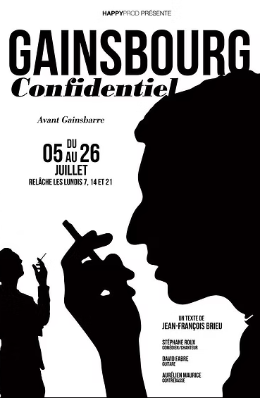 Affiche de la pièce de théâtre "Gainsbourg Confidentiel" avec silhouettes en noir et texte en blanc.