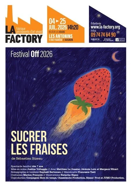 Affiche pour le festival Off 2026 présentant un dessin de fraise ressemblant à une étoile filante dans un ciel étoilé, avec texte en français sur l'événement, la date, le lieu et les organisateurs.