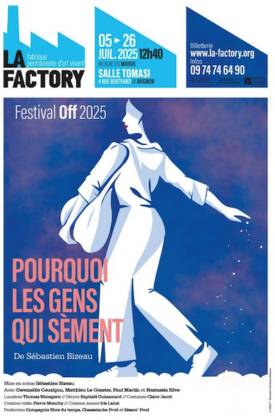 Une affiche promotionnelle pour le Festival Off 2025, avec une illustration d'une femme blanche en grande taille, vêtue d'une veste blanche, dans une pose dynamique, devant un fond bleu avec des touches de nuages ou de peinture abstraite. L'affiche contient des informations sur la date, le lieu, et le sujet de l'événement, avec le titre en gros caractères rouges et bleus.
