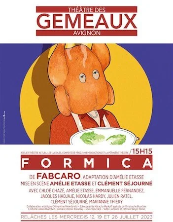 Affiche pour le théâtre des Gemeaux à Avignon, avec une illustration d'un personnage de dessin animé portant un costume rouge, tenant une assiette, dans un fond coloré avec du texte promotionnel.
