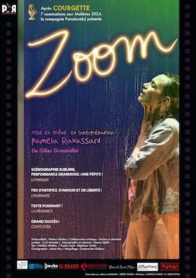 Affiche promotionnelle pour la pièce de théâtre 'Zoom', avec une femme en costume regardant vers le haut sous un éclairage néon, couleur dominante vert et rose.