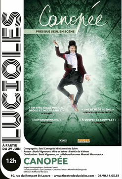 Affiche de spectacle de musique avec un homme dansant en costume, fond vert et noir, texte en français pour "Canopée" à 12h, début le 29 juin, à Théâtre des Lucioles.