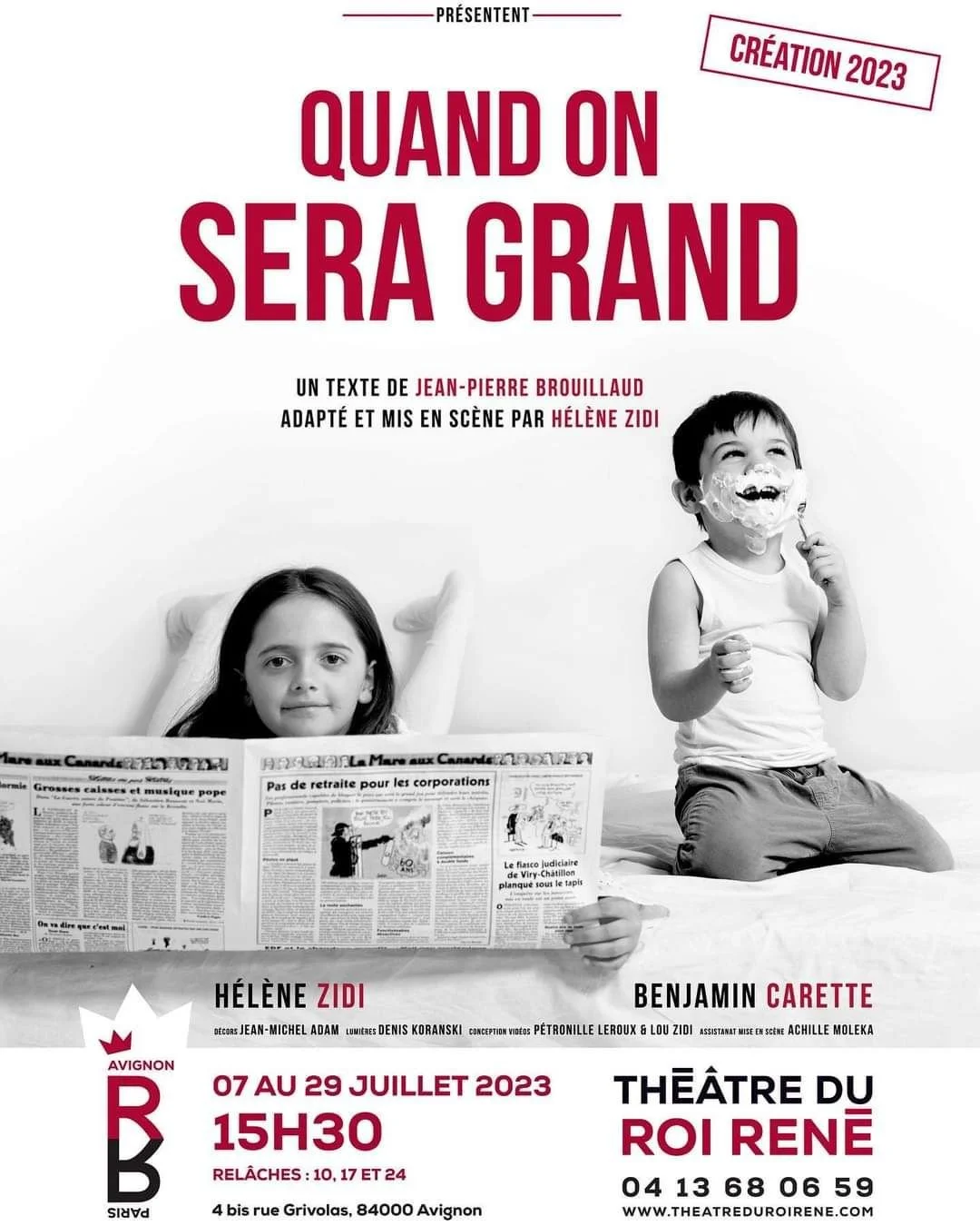 pièce de théâtre intitulée 'Quand on sera grand', créée en 2023 au Théâtre du Roi René à Avignon, avec Hélène Zidi