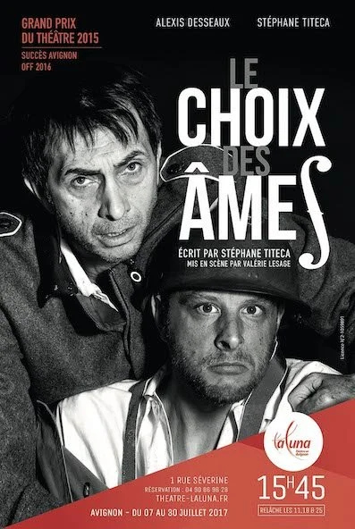 Poster de spectacle de théâtre 'Le choix des âmes' avec deux hommes, une date et l'heure, des informations sur la réservation et le lieu.