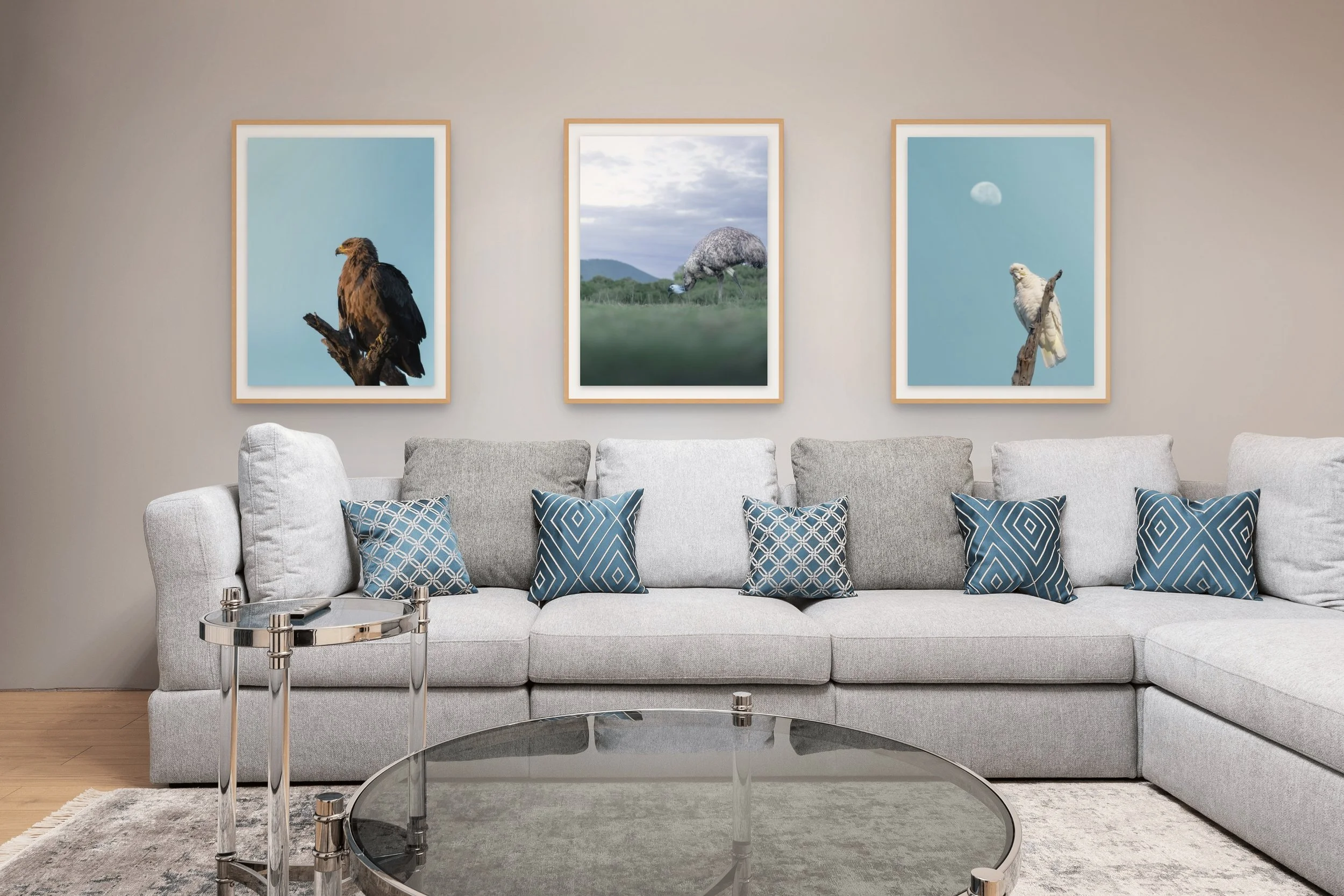 Living room with beige sofa, blue patterned pillows, glass coffee table, and three framed nature art prints of birds and landscape on the wall.