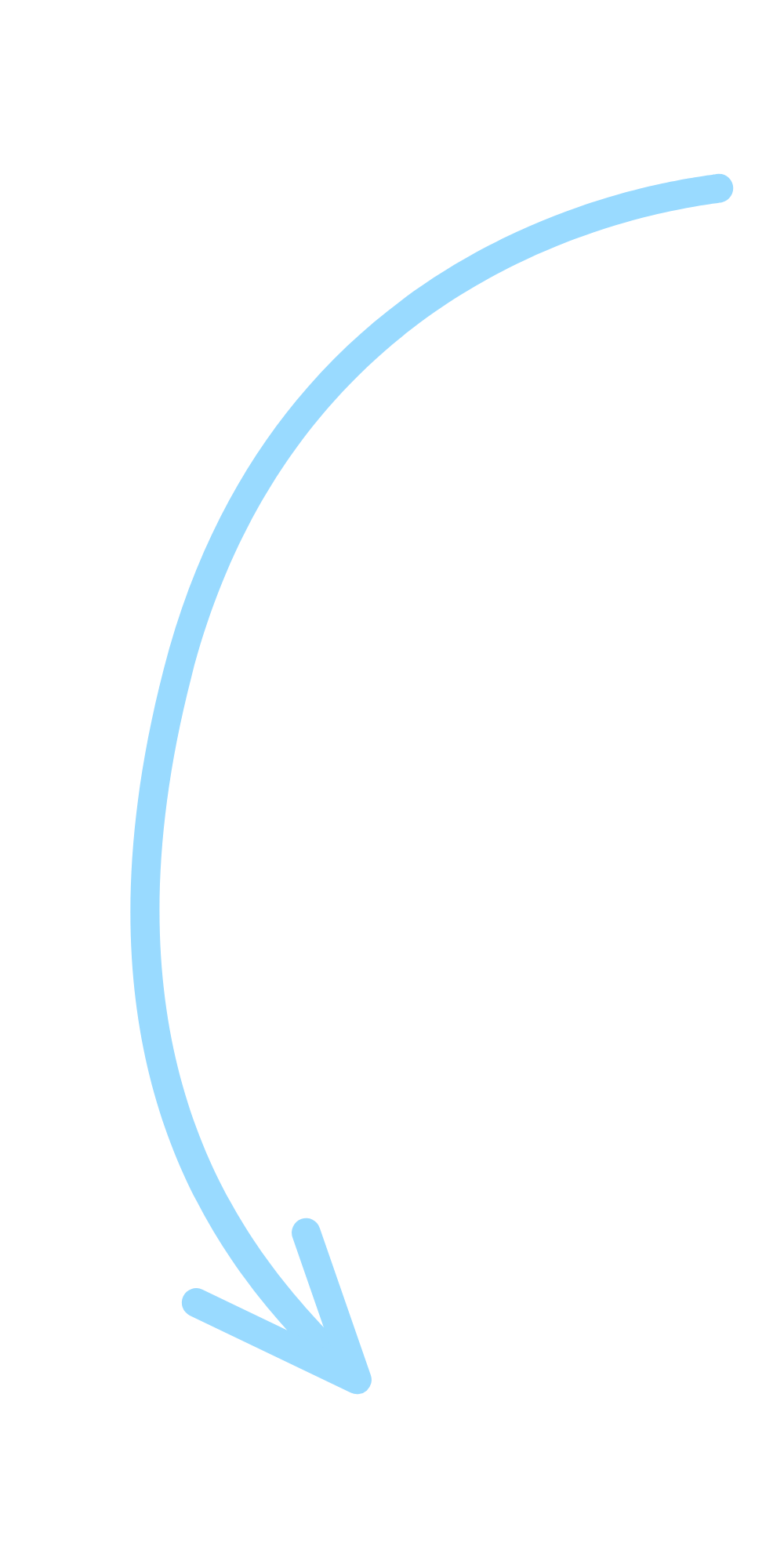 A black background with a large, light blue arrow pointing downward with a curved tail.