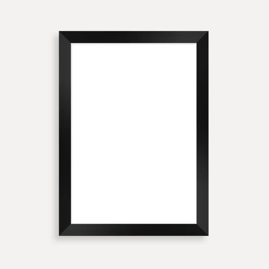 Black picture frame hanging on a wall with a white background.
