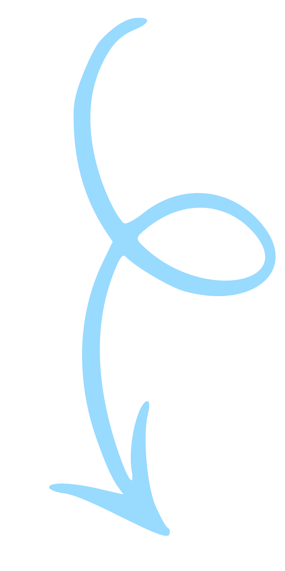 Light blue arrow pointing downward with a loop in the middle on a black background.
