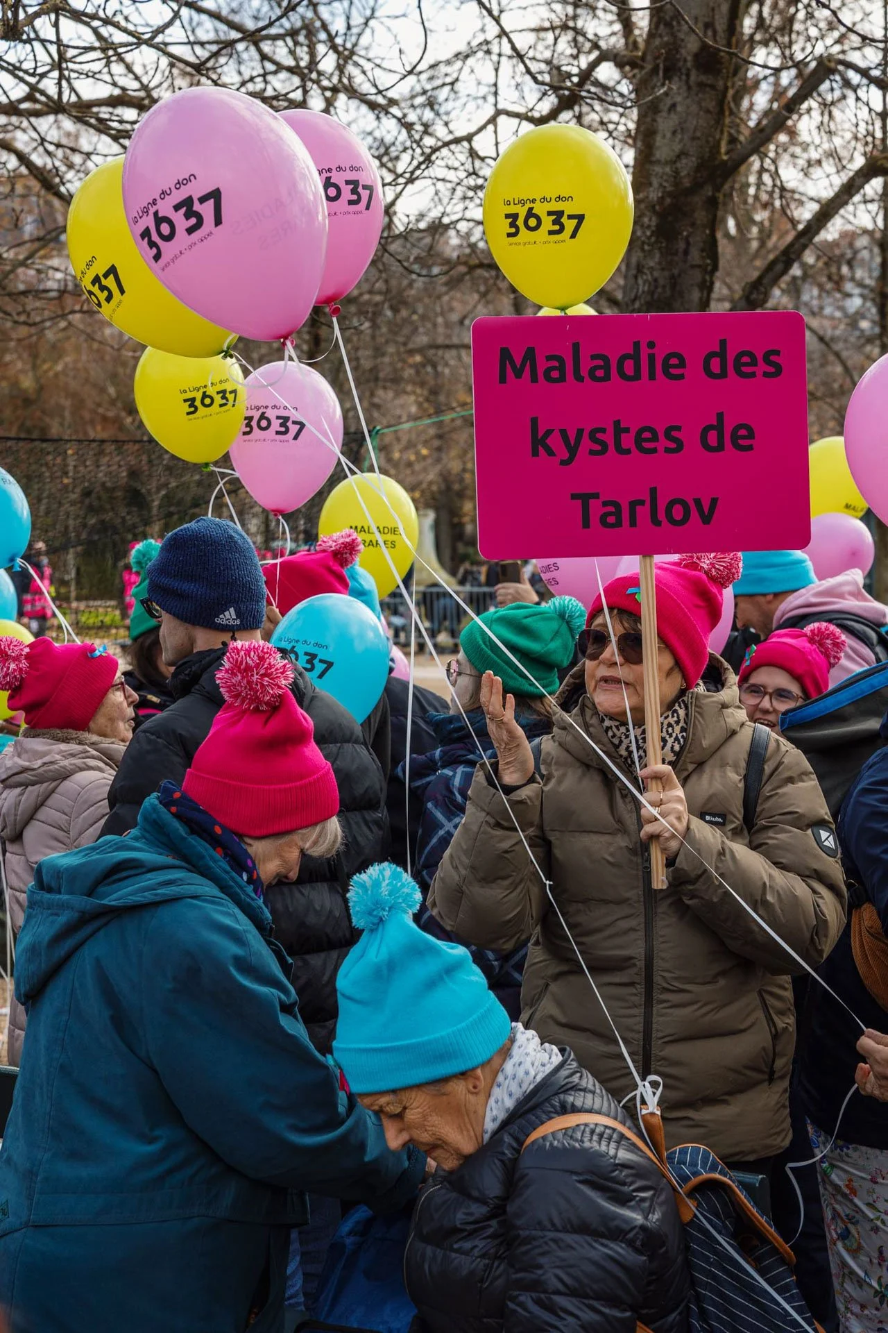 Groupe de personnes âgées participant à une marche ou un rassemblement, portant des chapeaux colorés, certains tenant des ballons jaune et rose avec le texte 'la Ligne du don 3637'. Une femme tient une pancarte indiquant 'Maladie des kystes de Tarlov
