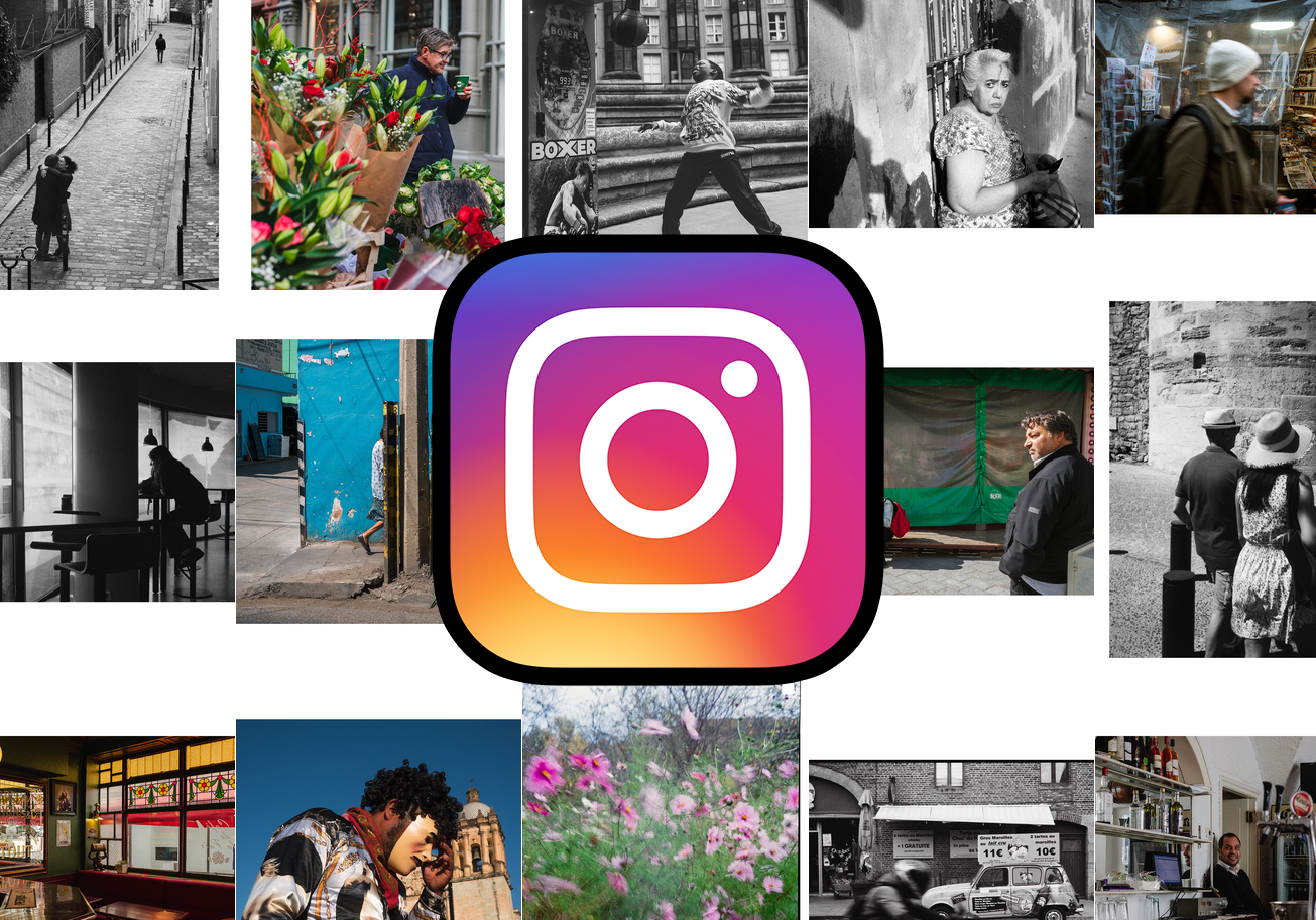 Gros logo blanc d'Instagram au centre. Autour, plusieurs images de scènes urbaines et de personnes, dont des femmes, hommes, et des enfants, dans différents contextes, certains en intérieur, d'autres en extérieur, en noir et blanc ou en couleur.