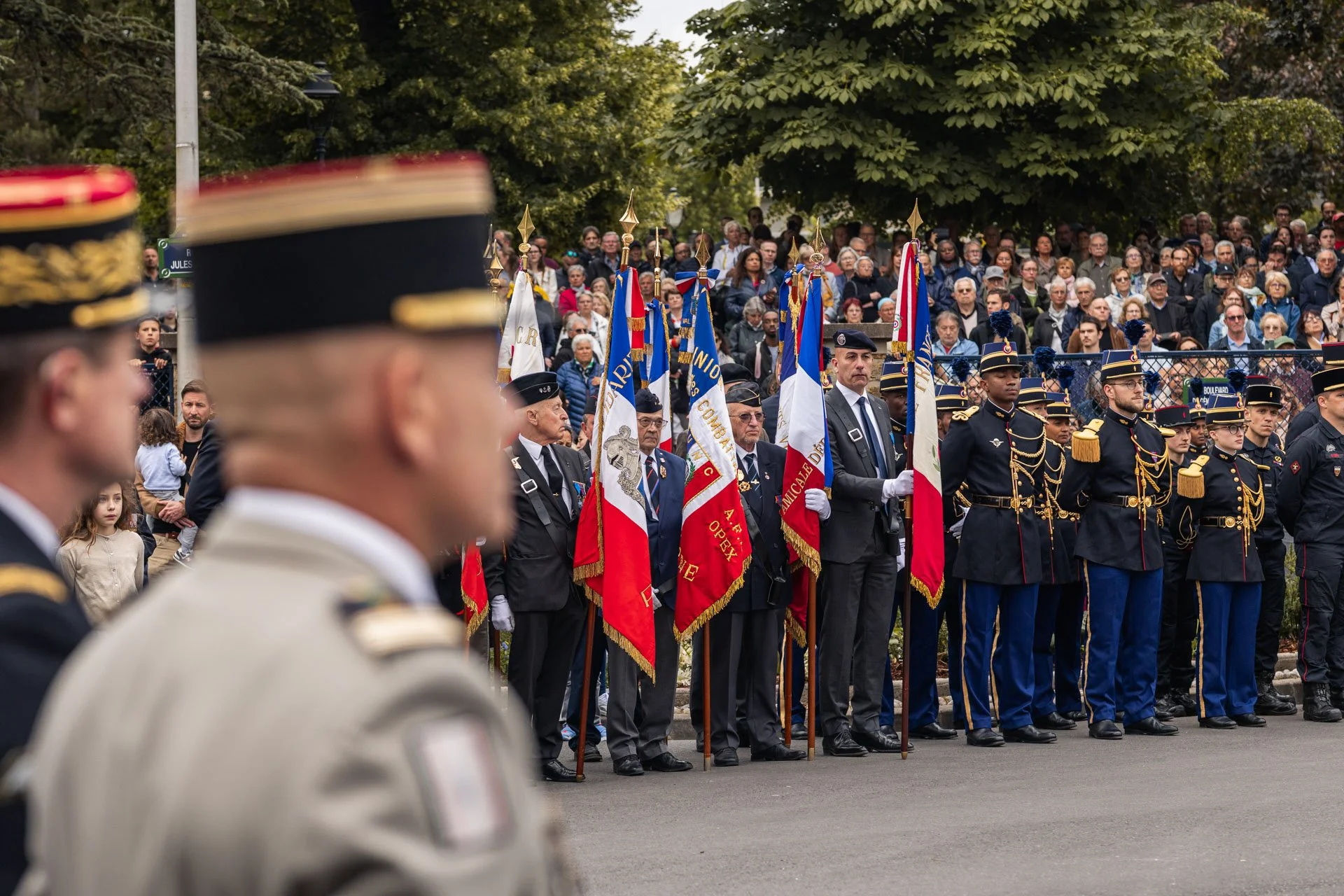 Cérémonie commémorative militaire avec soldats en uniformes noirs et bleus, portant des drapeaux français et d'autres flots, en présence d'une grande foule de spectateurs sous un grand arbre.