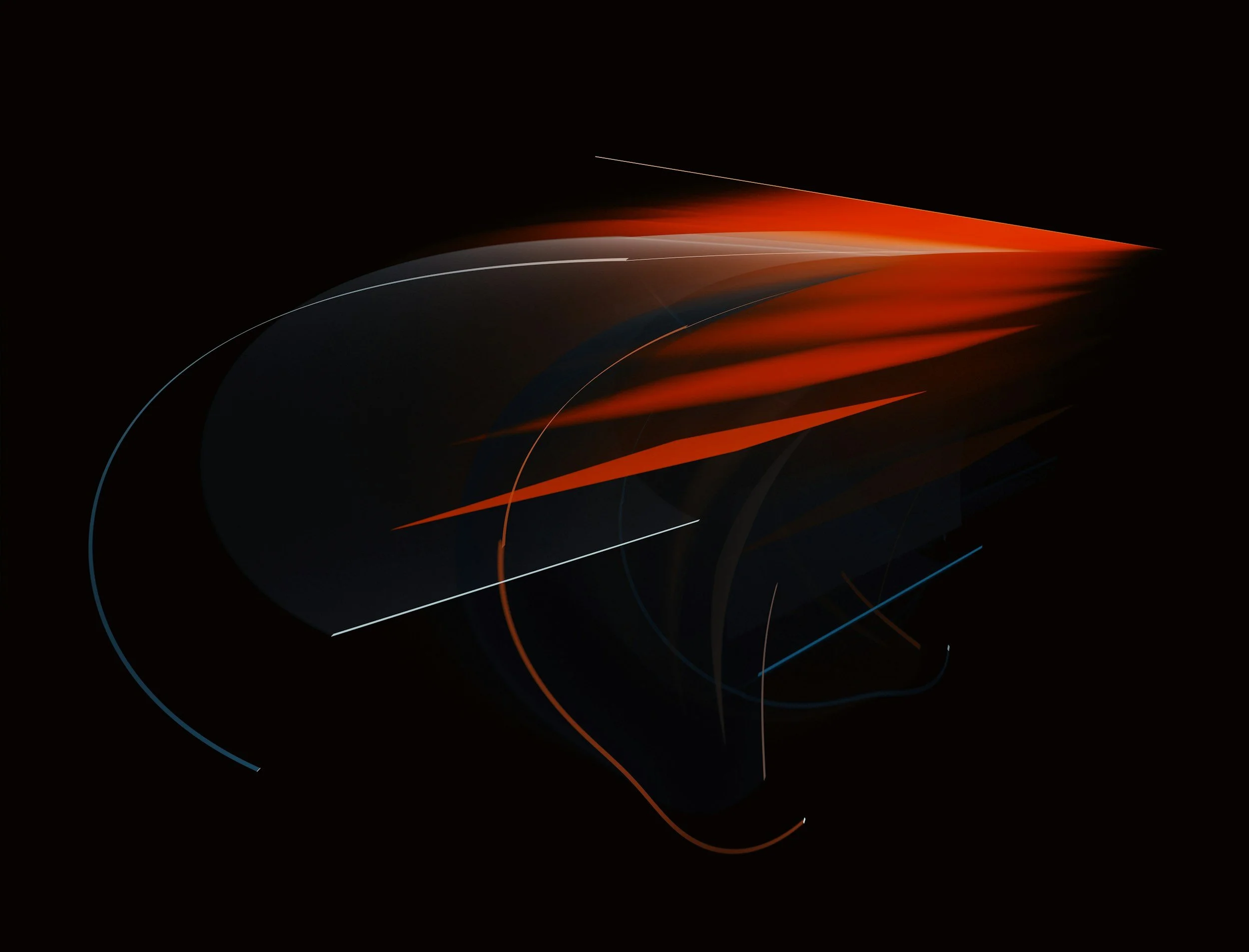 Abstract digital art with flowing lines and glowing orange and white accents on a black background.