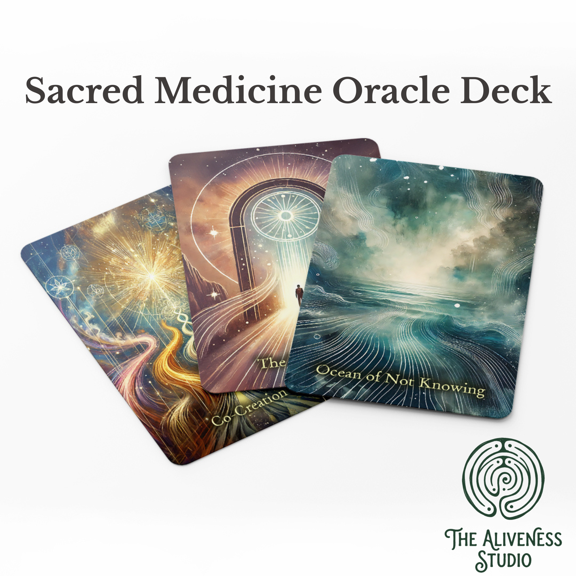 A set of oracle cards with cosmic and celestial designs, partially overlapping, with a text overlay that reads "Sacred Medicine Oracle Deck." The background is white, with a green circular logo in the bottom right corner that says "The Aliveness Studio."