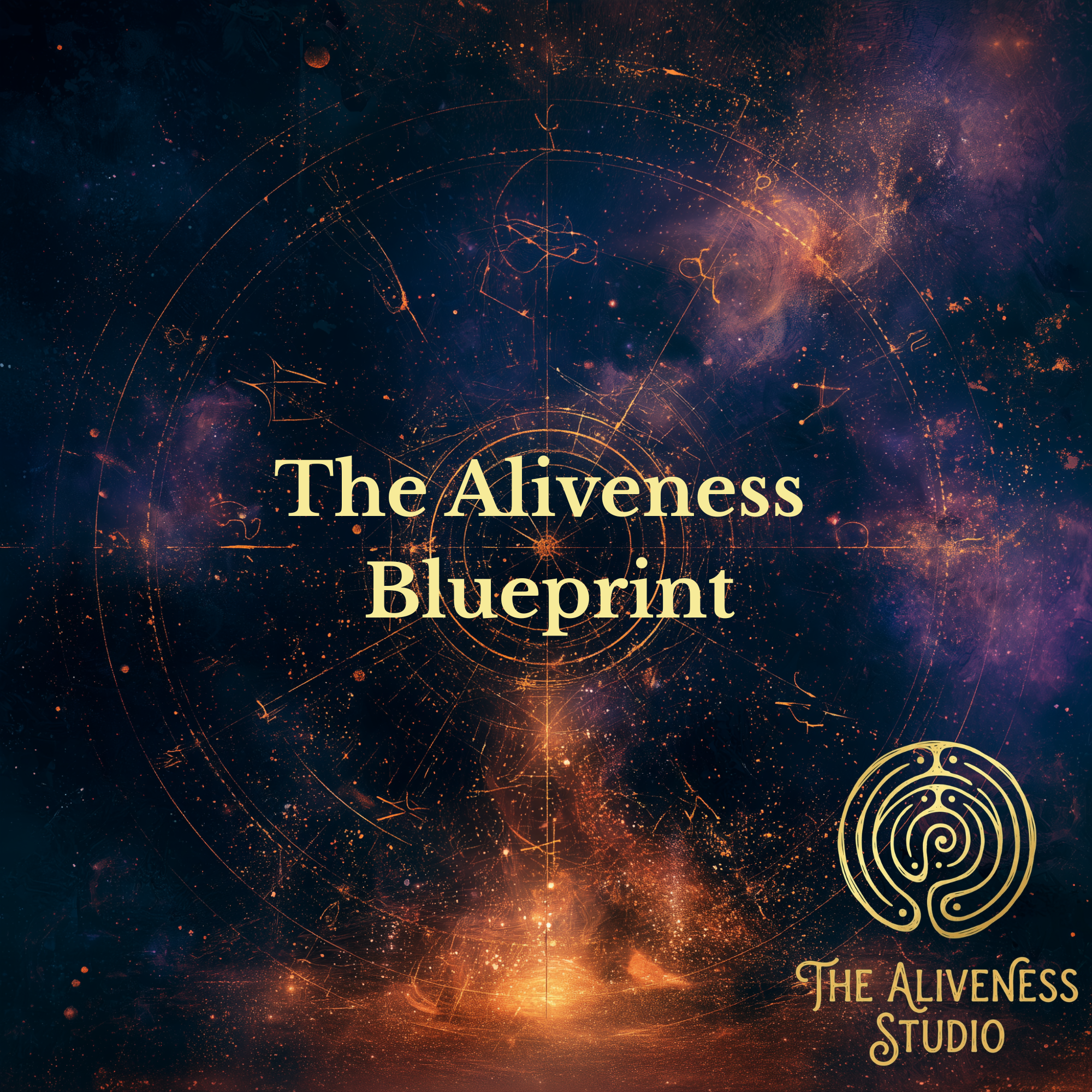 Abstract digital art with glowing orange lines and dots, resembling a cosmic or technological theme, with the text "The Aliveness Blueprint" and "The Aliveness Studio" displayed on it.