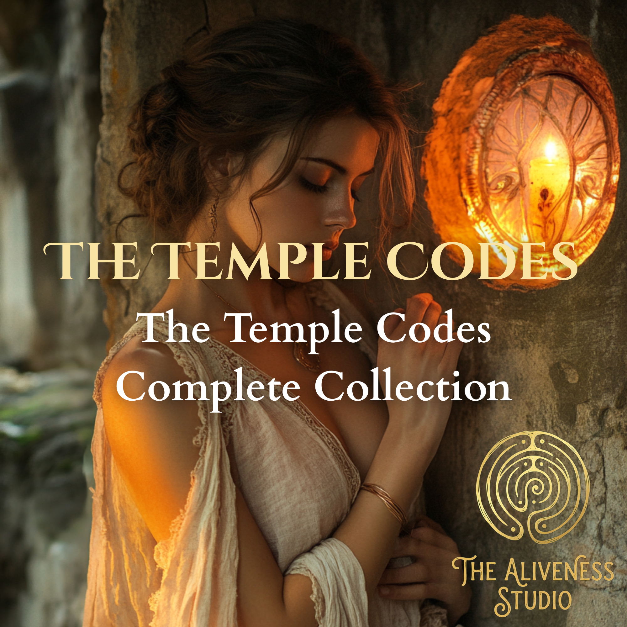 A woman with closed eyes and curly brown hair poses against a stone wall, illuminated by a glowing carved pumpkin lantern, with text overlay reading 'The Temple Codes' and 'The Aliveness Studio'.