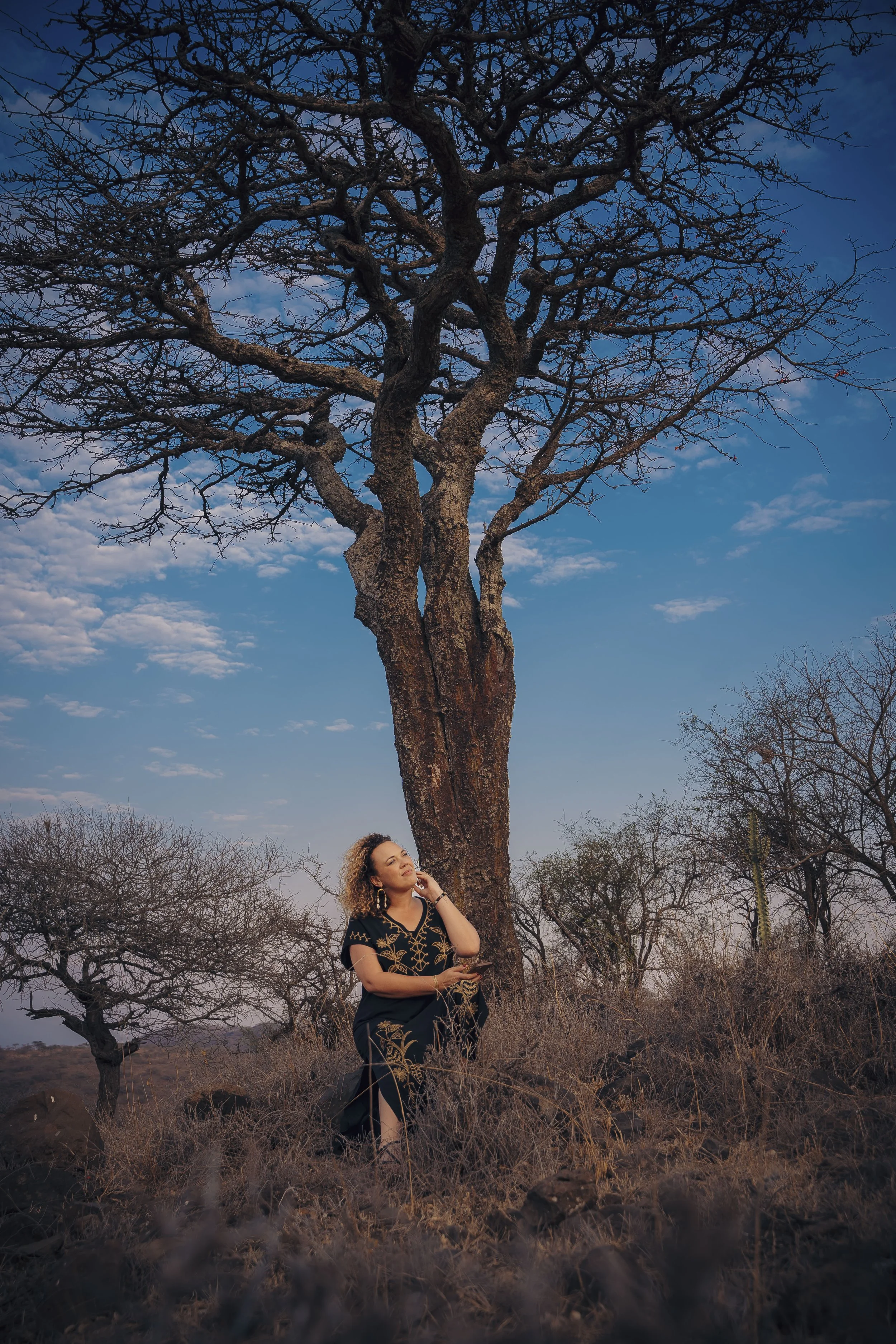 A woman with curly hair wearing a black dress with gold embroidery standing under a large leafless tree in a dry, desert-like landscape during dusk.