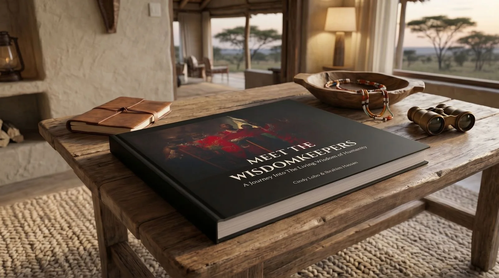 A wooden table with a book titled 'Meet the Wisdom Keepers,' a notebook, binoculars, a beaded necklace, and a wooden bowl. In the background, are chairs and a windowsill with a landscape view of trees and an open sky.