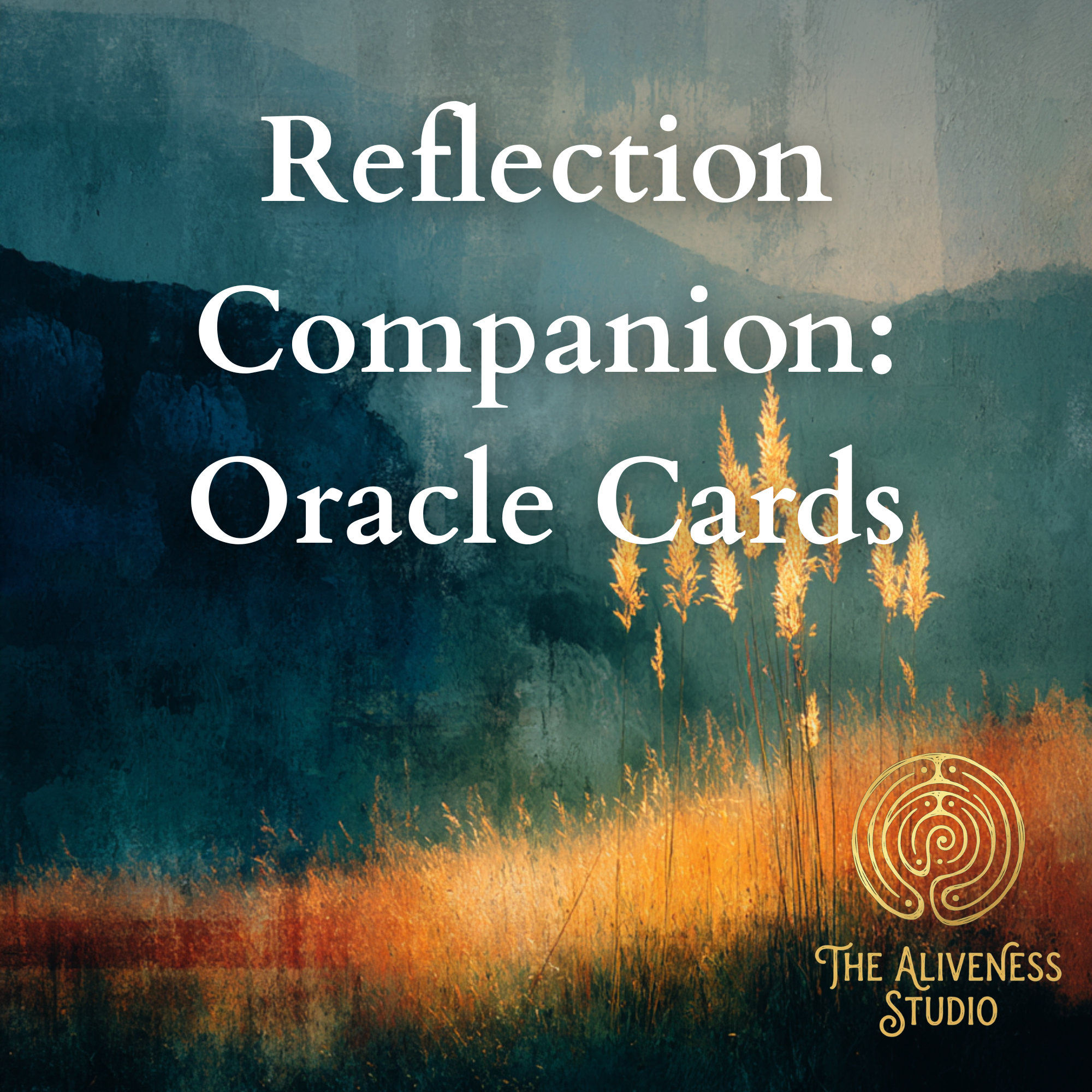 A book cover with an artistic background featuring mountains, trees, and a gradient sky with warm colors. The title reads 'Reflection Companion: Oracle Cards' and includes a circular decorative element at the bottom right with the text 'The Awakening Studio'.